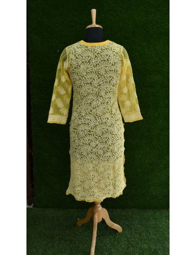 Chhangamal Hand Embroidered Yellow Faux Georgette Chikankari Kurti