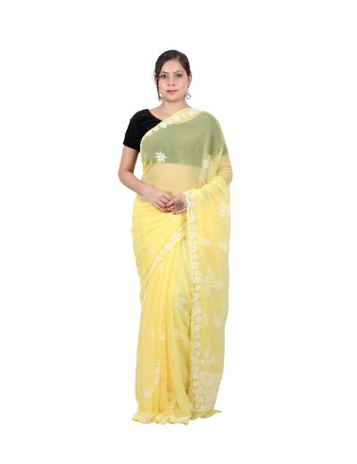 Chhangamal Hand Embroidered Yellow Georgette Chikankari Saree
