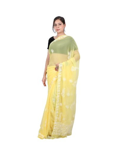 Chhangamal Hand Embroidered Yellow Georgette Chikankari Saree