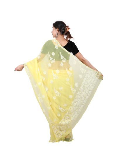 Chhangamal Hand Embroidered Yellow Georgette Chikankari Saree