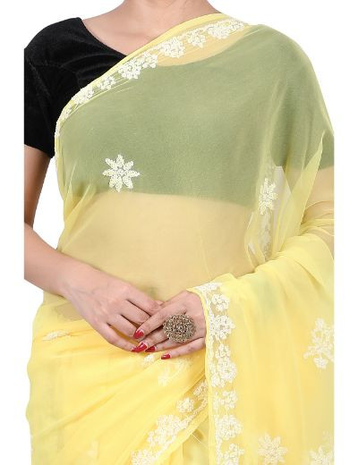Chhangamal Hand Embroidered Yellow Georgette Chikankari Saree