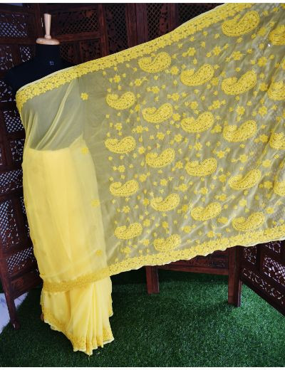 Chhangamal Hand Embroidered Yellow Georgette Half Jaal Chikankari Saree