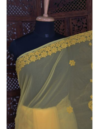 Chhangamal Hand Embroidered Yellow Georgette Half Jaal Chikankari Saree