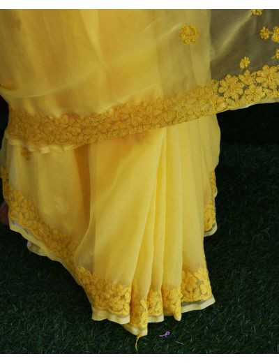Chhangamal Hand Embroidered Yellow Georgette Half Jaal Chikankari Saree