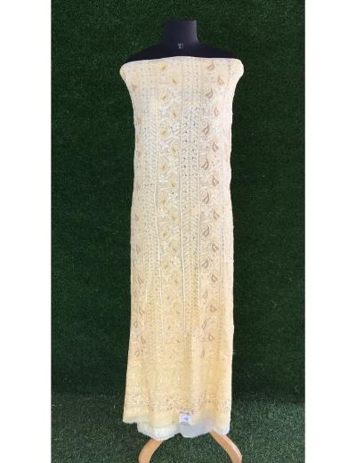 Chhangamal Hand Embroidered Yellow Pure Georgette Chanderi Chikankari Kurta Dupatta Piece