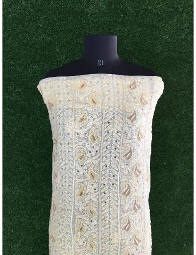 Chhangamal Hand Embroidered Yellow Pure Georgette Chanderi Chikankari Kurta Dupatta Piece