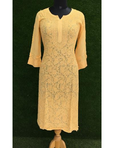 Chhangamal Hand Embroidered Yellown Colour Pure Georgette Chikankari  Kurti
