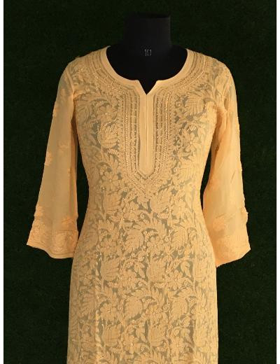 Chhangamal Hand Embroidered Yellown Colour Pure Georgette Chikankari  Kurti