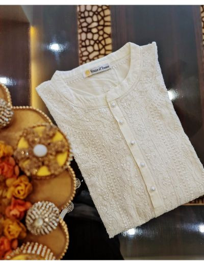 Chhangamal White Chikankari Cotton kurta with pearl buttons