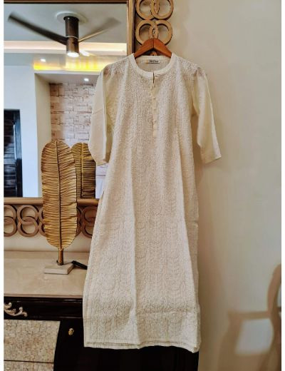 Chhangamal White Chikankari Cotton kurta with pearl buttons