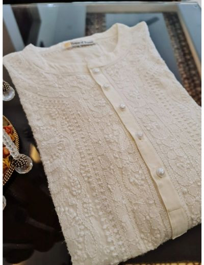 Chhangamal White Chikankari Cotton kurta with pearl buttons