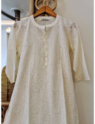 Chhangamal White Chikankari Cotton kurta with pearl buttons