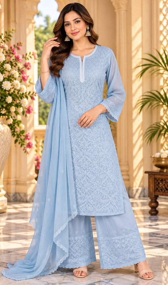 Chhangamal Hand-Embroidered Blue Pure Georgette Chikankari Stitched Suit Set