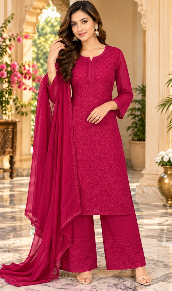 Chhangamal Hand-Embroidered Magenta Pure Georgette Chikankari Stitched Suit Set