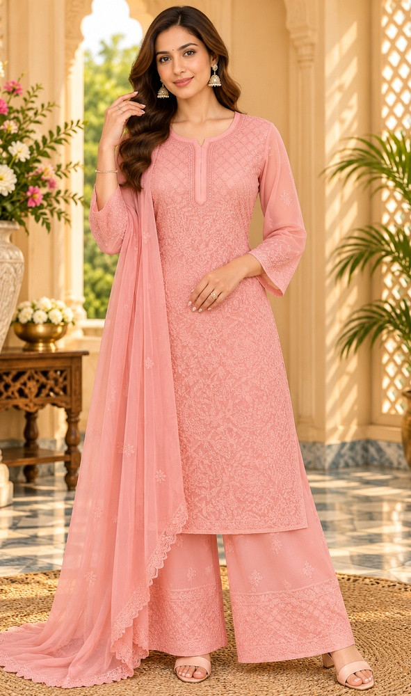 Chhangamal Hand-Embroidered Pink Pure Georgette Chikankari Stitched Suit Set