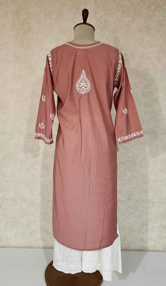 Chhangamal Hand-Embroidered Dusty Rose Cotton Chikankari Kurti