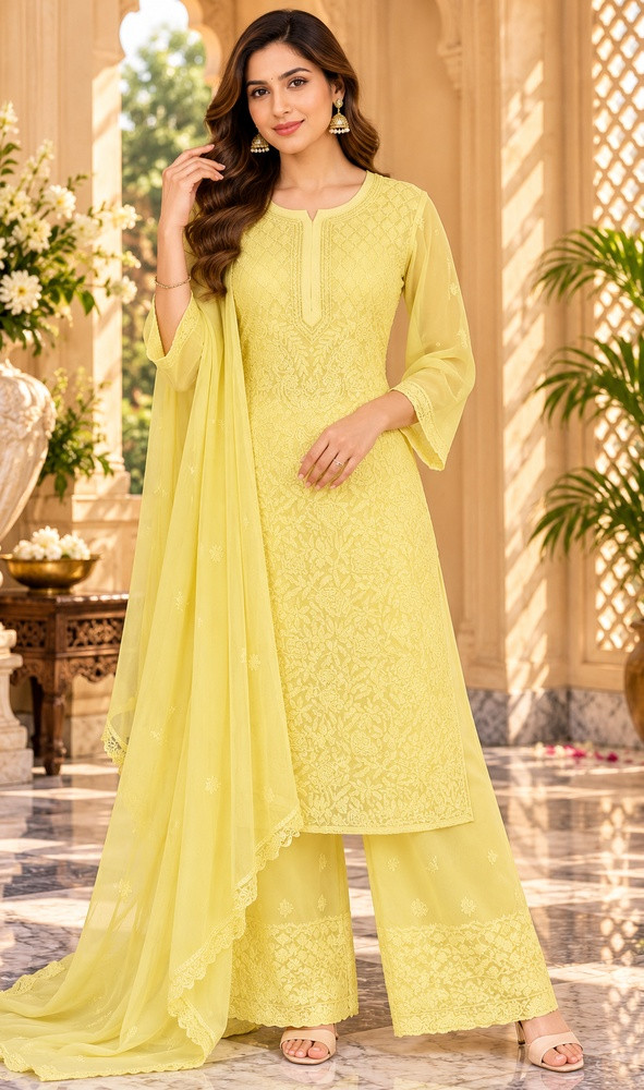 Chhangamal Hand-Embroidered Yellow Pure Georgette Chikankari Stitched Suit Set