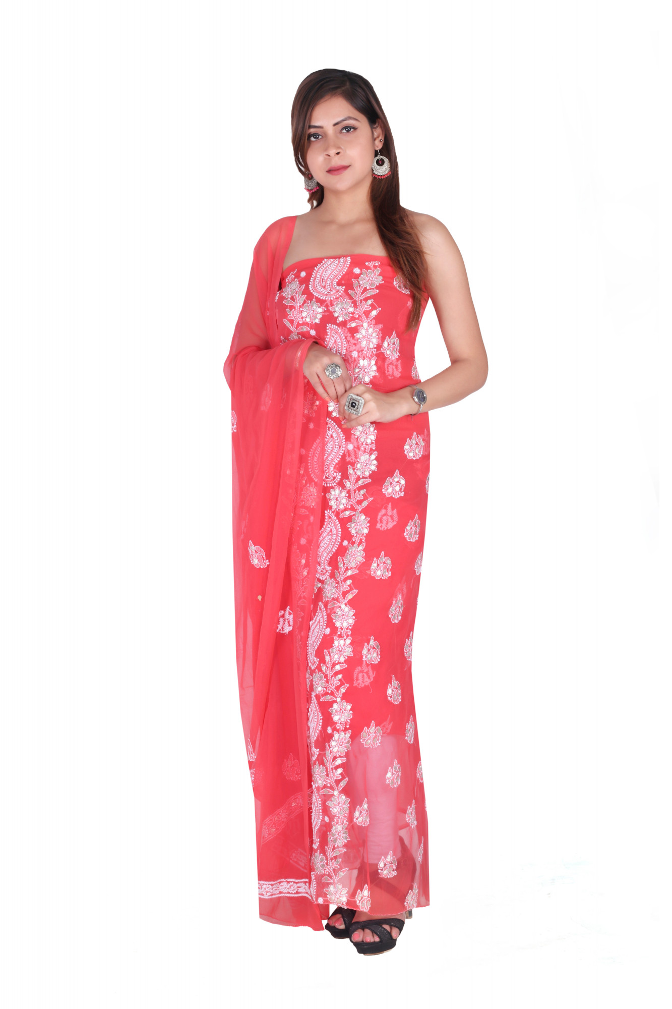 Crimson Red Semi Georgette Suit Length