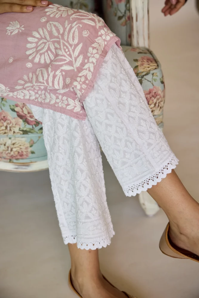Image of White Cotton Chikankari Pants