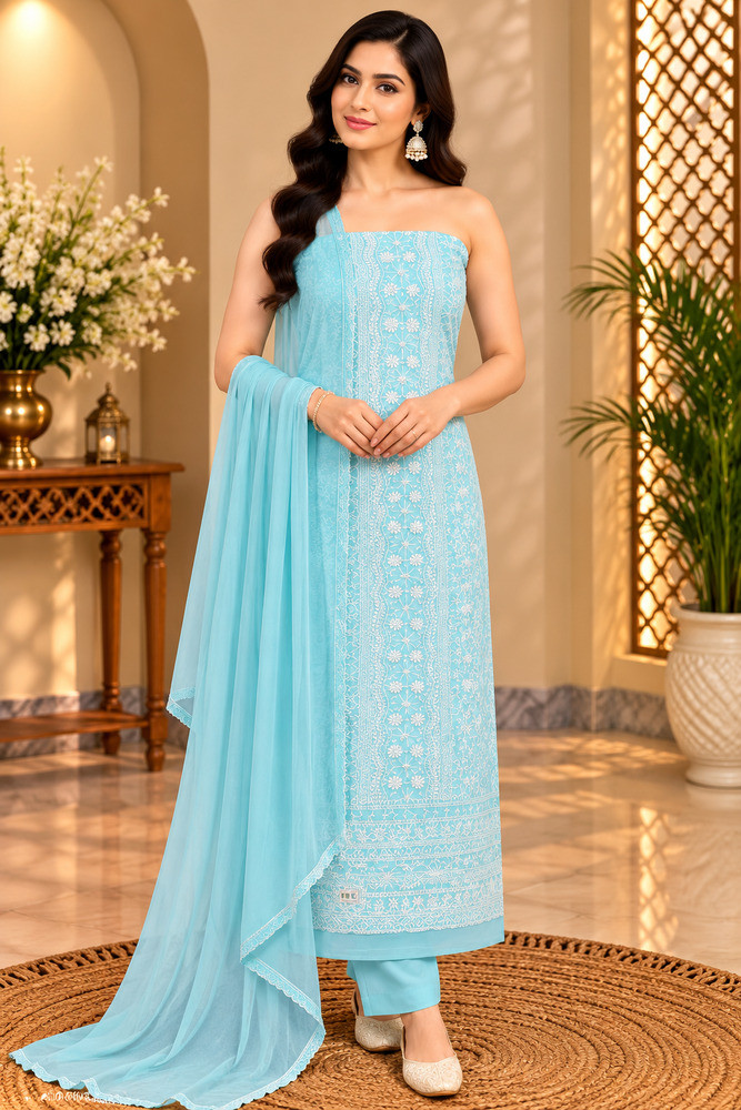 Image of Chhangamal Hand-Embroidered Blue Cotton Chikankari Unstitched Suit Length