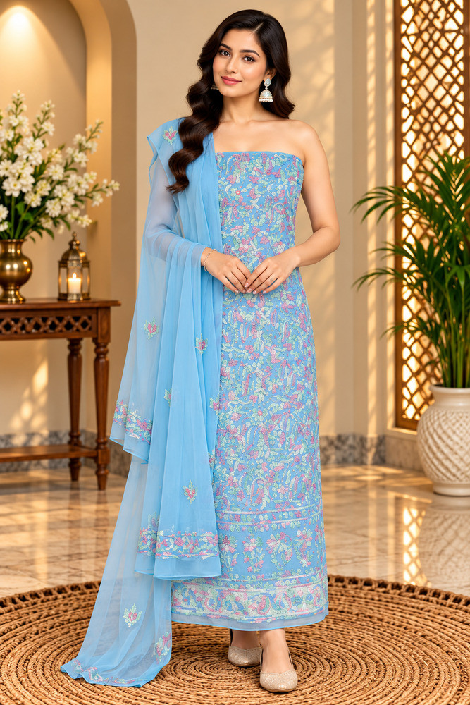 Image of Chhangamal Hand-Embroidered Teal Blue Georgette Chikankari Unstitched Suit Length