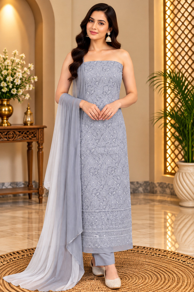 Image of Chhangamal Hand-Embroidered Grey Cotton Chikankari Unstitched Suit Length