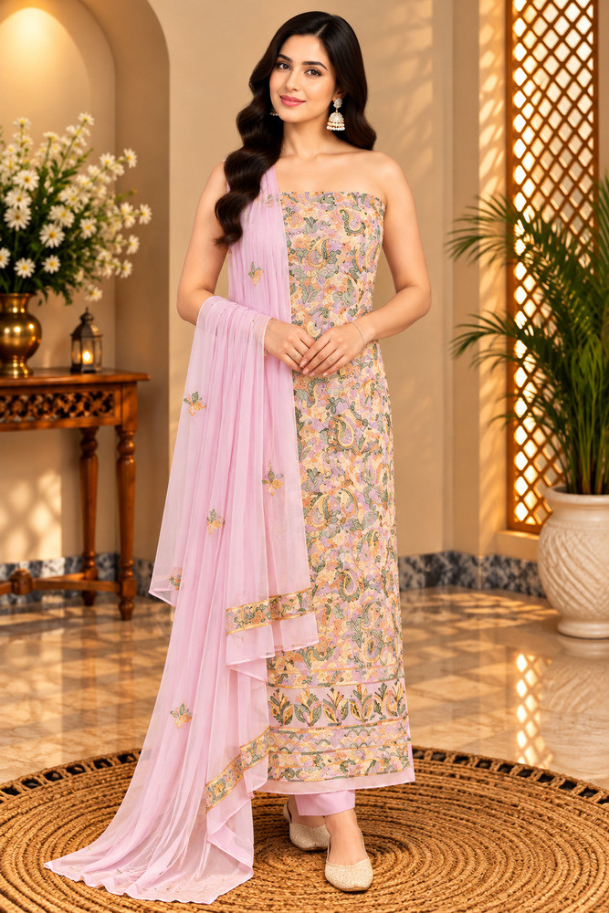 Image of Chhangamal Hand-Embroidered Light Pink Georgette Chikankari Unstitched Suit Length