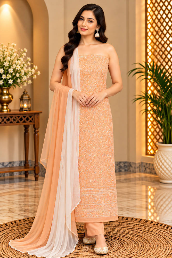 Image of Chhangamal Hand-Embroidered Light Orange Cotton Chikankari Unstitched Suit Length