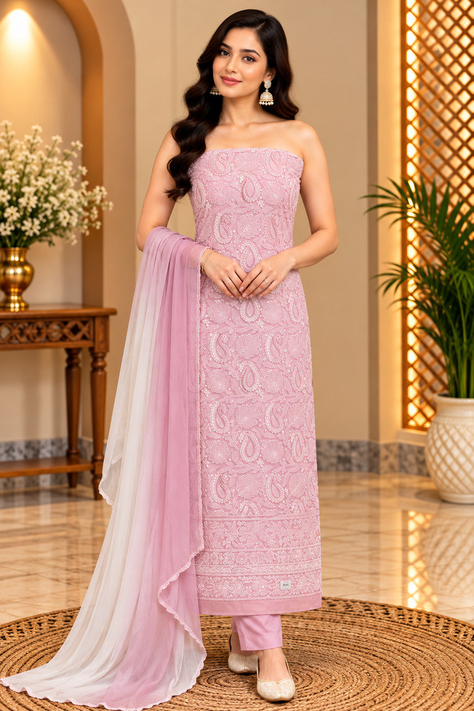 Image of Chhangamal Hand-Embroidered Pink Cotton Chikankari Unstitched Suit Length