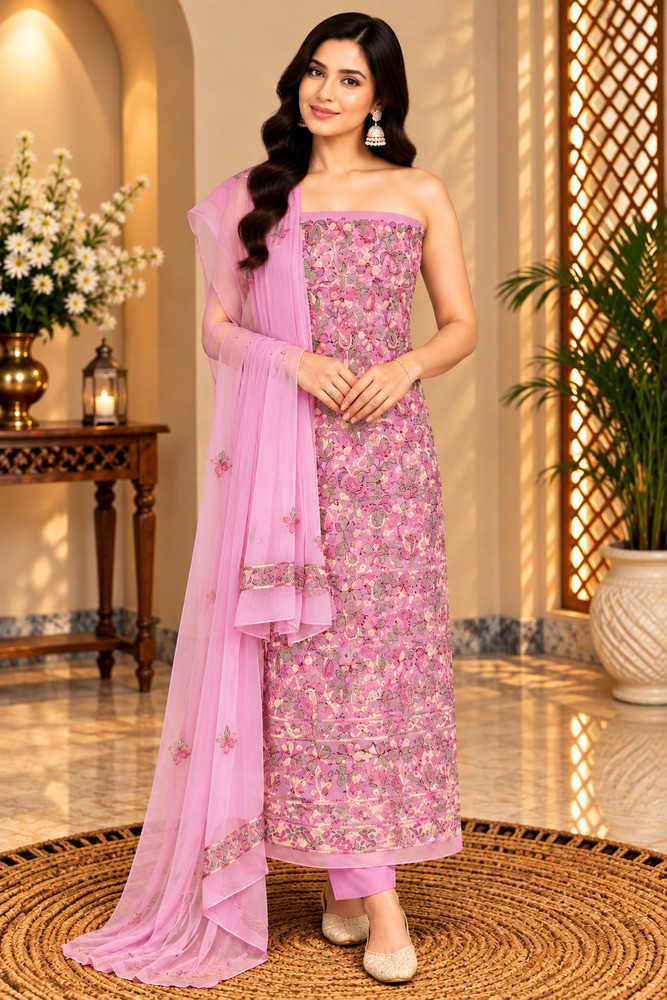 Image of Chhangamal Hand-Embroidered Baby Pink Georgette Chikankari Unstitched Suit Length