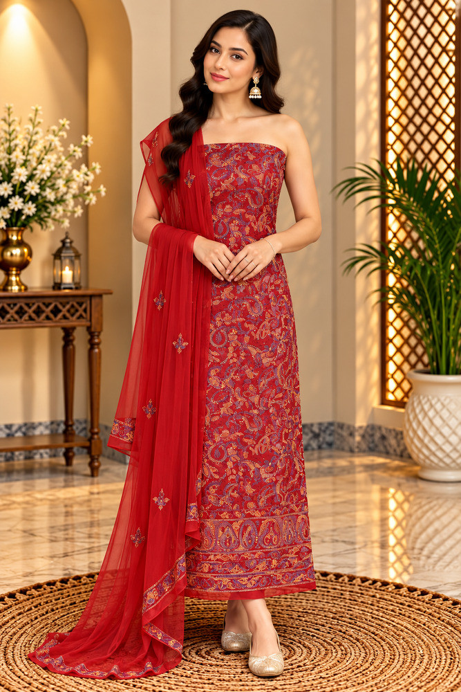 Image of Chhangamal Hand-Embroidered Red Georgette Chikankari Unstitched Suit Length