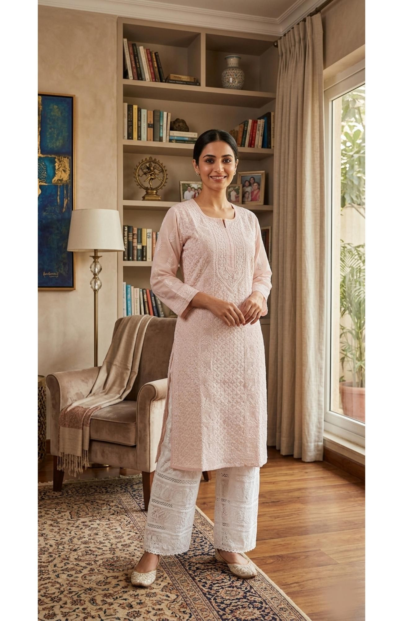 Fawn  Cotton  Hand Embroidered Chikankari Kurti