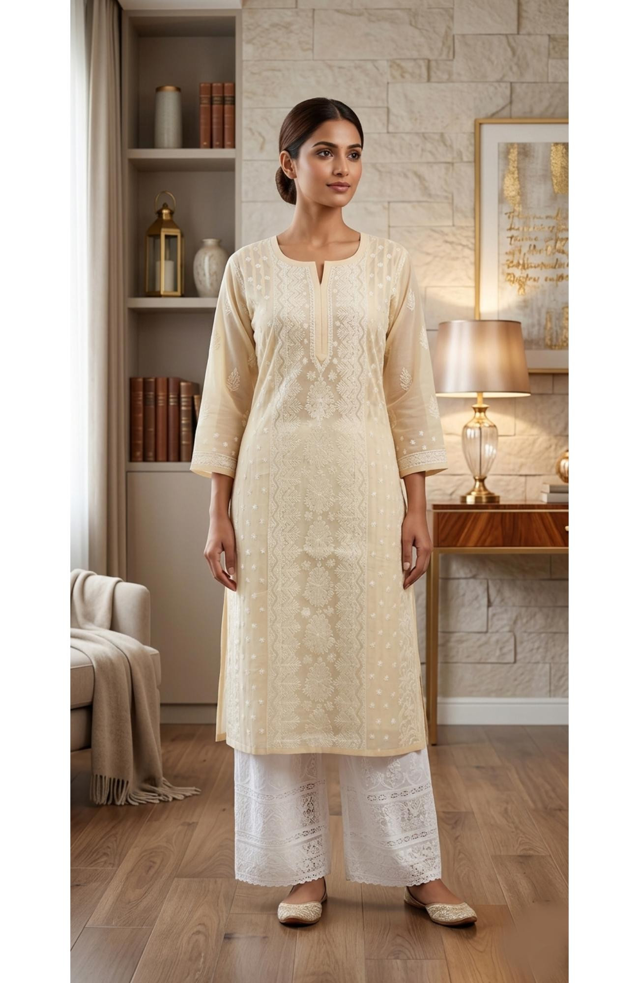 Fawn  Cotton  Hand Embroidered Chikankari Kurti I Rohia BY chhangamal