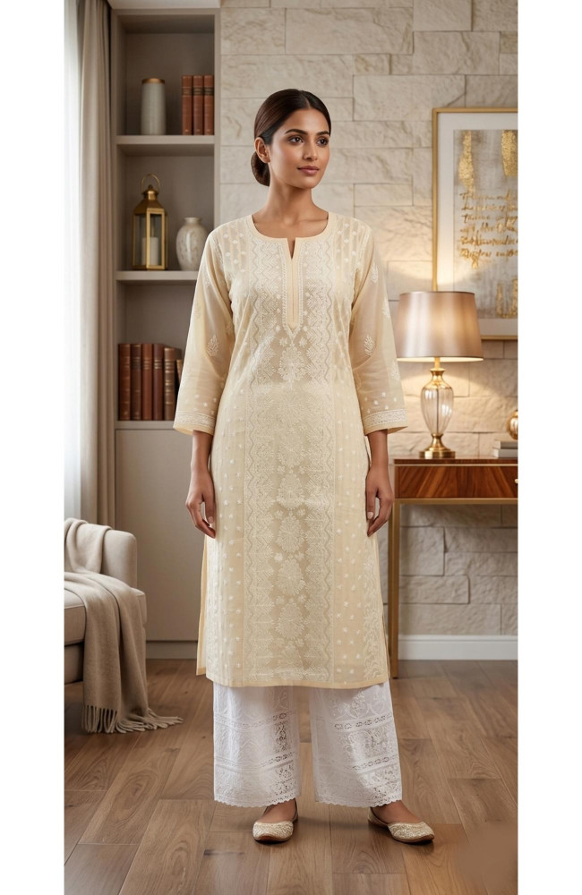 Image of Fawn  Cotton  Hand Embroidered Chikankari Kurti I Rohia BY chhangamal