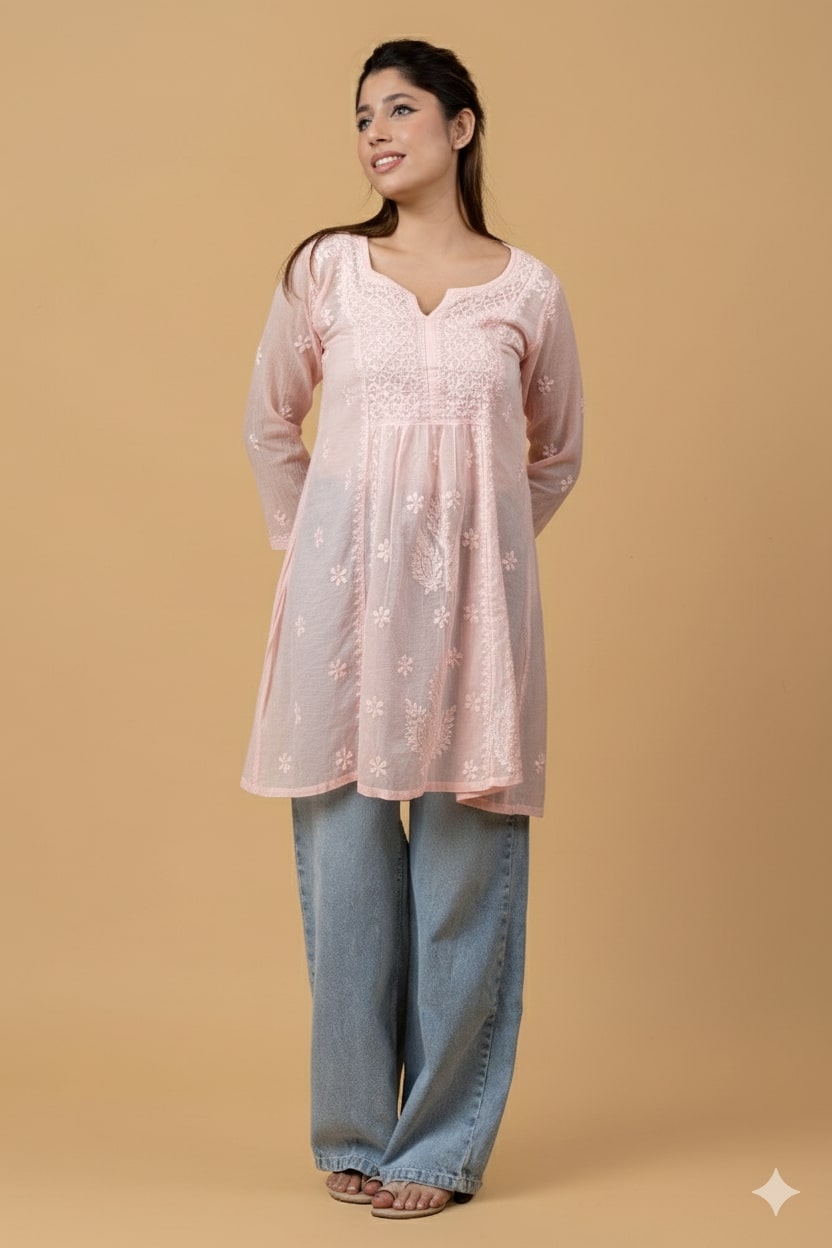 Peach Pink Mul Chanderi Chikankari Short Top