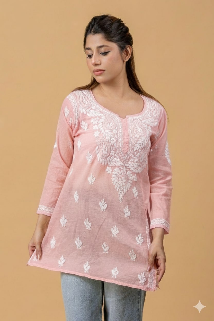 Peach Pink Mul Chanderi Chikankari Short Top