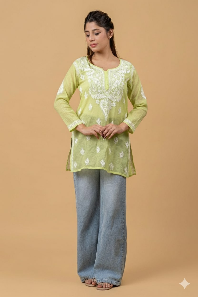Green Mul Chanderi Chikankari Short Top
