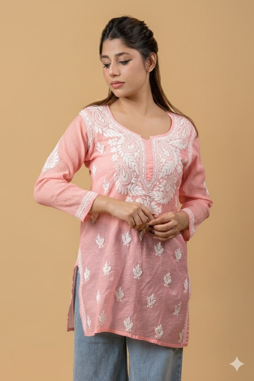 Peach Pink Mul Chanderi Chikankari Short Top