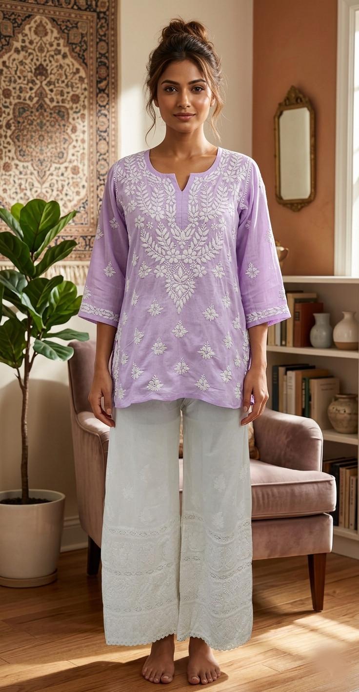 Lavender Cotton Hand Embroidered Lucknowi Chikankari Short Top  Rohia By Chhangamal