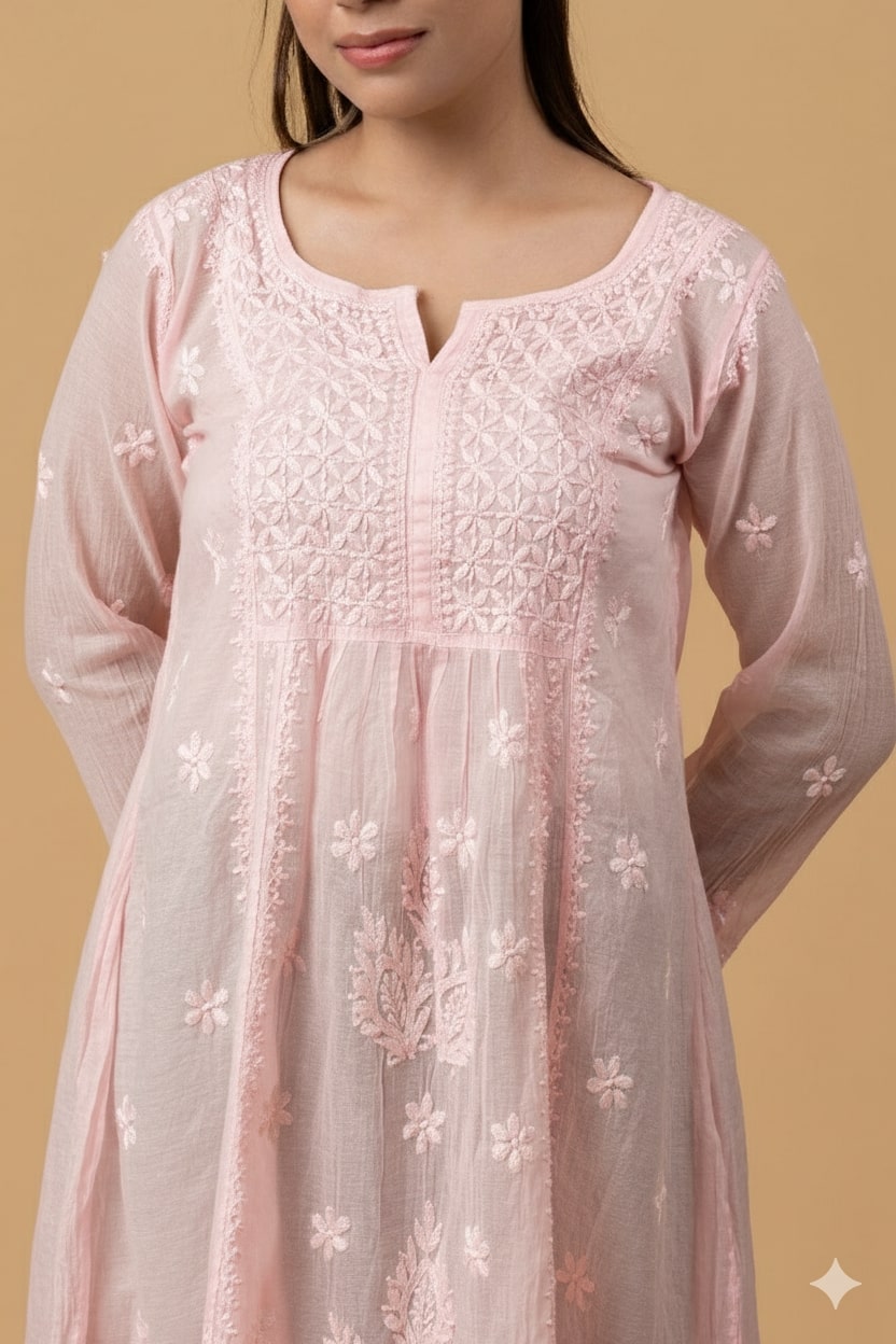 Peach Pink Mul Chanderi Chikankari Short Top