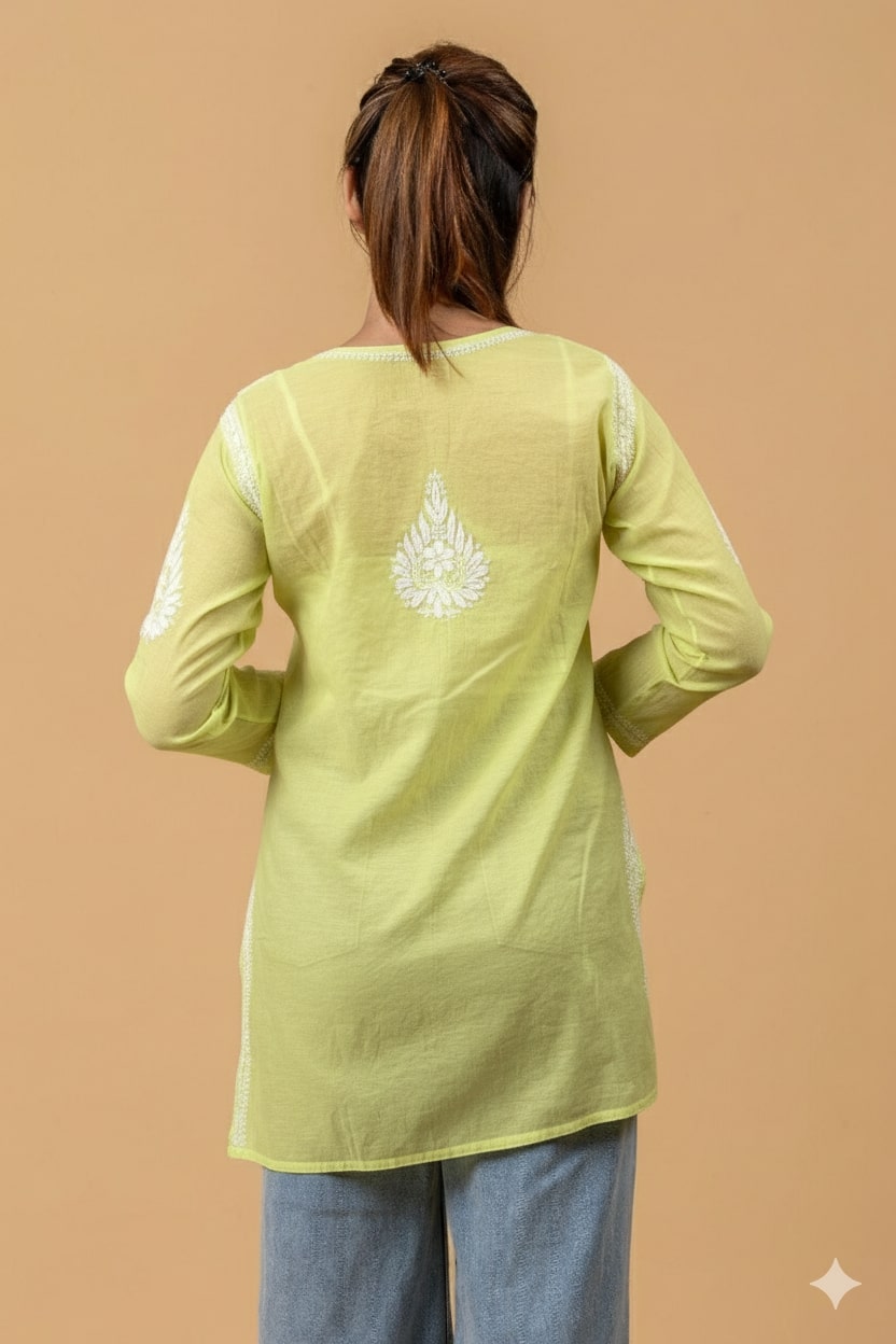 Green Mul Chanderi Chikankari Short Top
