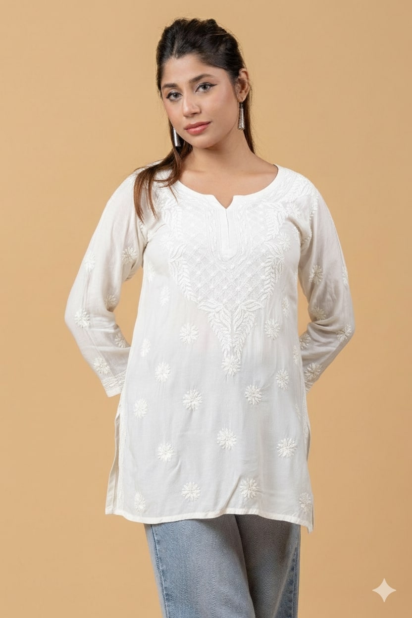 White Muslin Chikankari Short Top