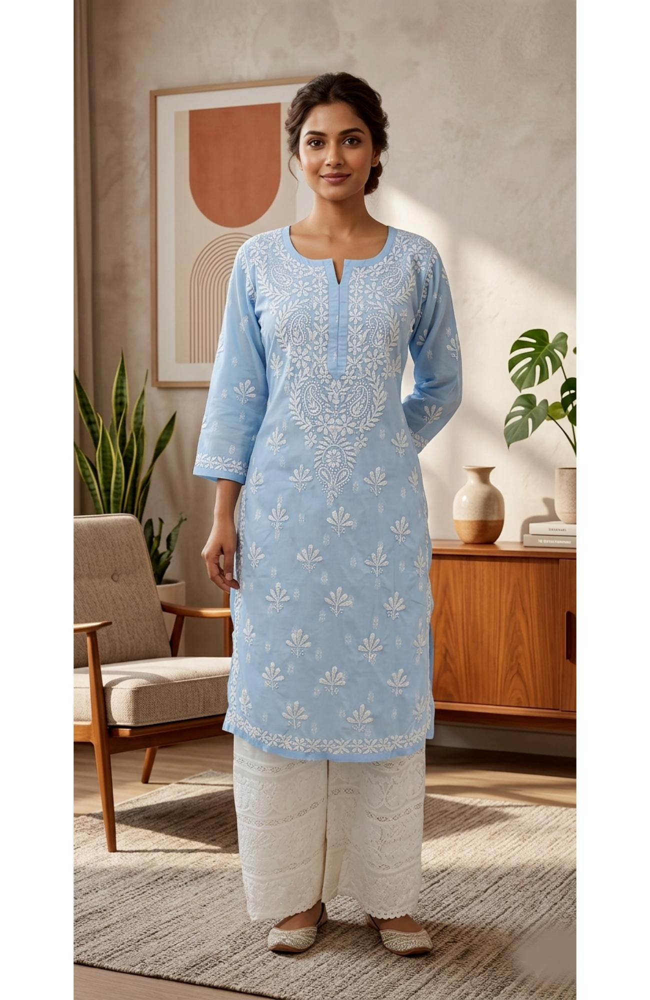 Sky Blue Cotton Hand Embroidered Lucknowi Chikankari Kurti  Rohia by Chhangamal