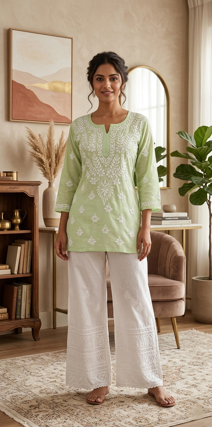 Pista Green Cotton Lucknowi Chikankari Short Top Handcrafted  Rohia By Chhangamal