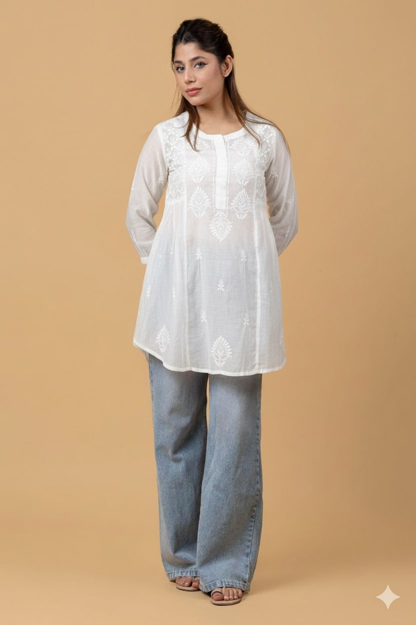White Muslin Chikankari Short Top