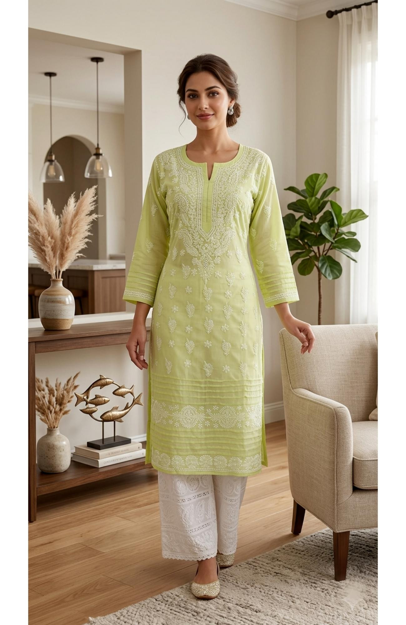 Green Cotton Hand Embroidered Chikankari Kurti  Rohia By Chhangamal