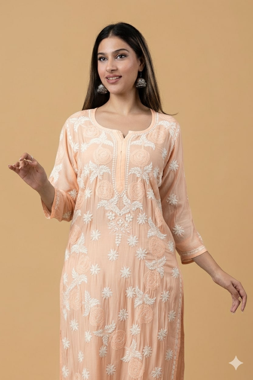 Peach Pink Muslin Chikankari Kurta
