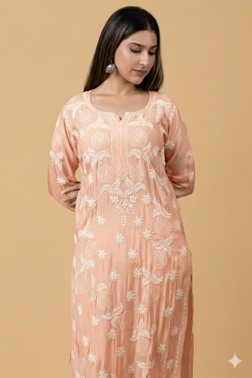 Peach Pink Muslin Chikankari Kurta