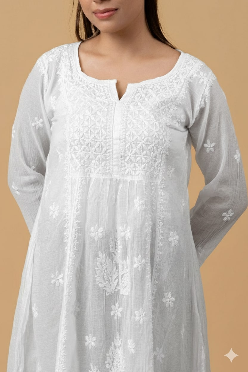 White Mul Chanderi Chikankari Short Top