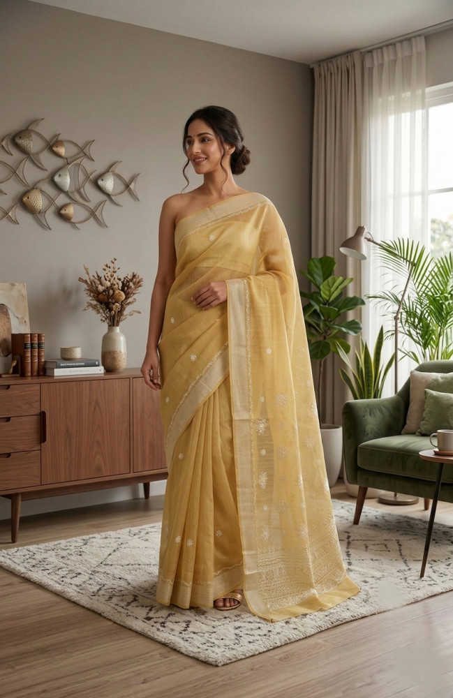 Image of Mastard Yellow  Chanderi Hand Embroidered Chikankari Saree I Rohia By Chhangamal